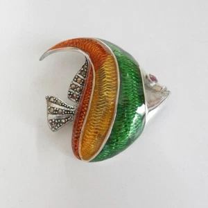 Sterling Silver Tropical Fish Enamel Ruby Brooch Pendant - Picture 1 of 7