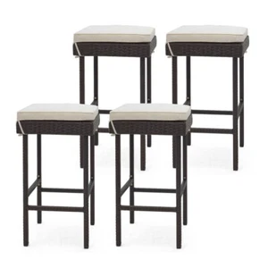 4 Pcs Patio Rattan Bar Stool Set w/ Footrest Soft Cozy Seat Cushion, Metal Frame - Picture 1 of 1