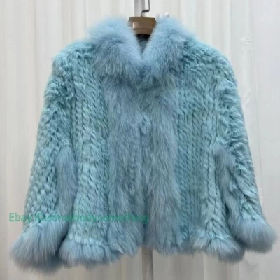 Abrigo tejido de piel de conejo 100 % real para mujer otoño invierno chal cuello de piel de zorro cárdigan Foto 1 de 4