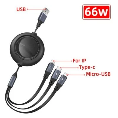 100W 3 em 1 micro USB tipo C carregamento rápido para iPhone Samsung Xiaomi retrátil - Imagem 1 de 4