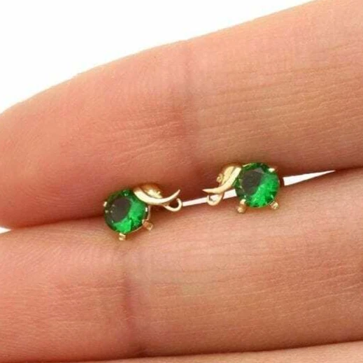 14K Yellow Gold Round Emerald Elephant Baby Screwback Stud Earrings - Image 1 of 4