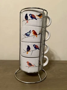 PIER 1 Set of 4 Stackable Coffee/Tea Mugs Stoneware w/Metal Rack Colorful BIRDS - Picture 1 of 9
