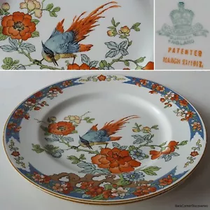 2 pat. antiguos de madera e hijos Platos de almuerzo Blue & Orange Bird of Paradise 1917 87/8" - Imagen 1 de 11