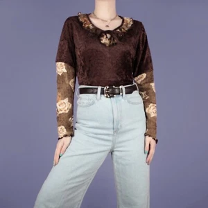 VINTAGE 90s Hippy Retro Brown Boho Floral Velvet Tie Blouse Shirt Top S Small 10 - Picture 1 of 13