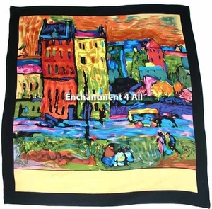 Bufanda artística hecha a mano 100 % seda pura envoltura 35"X35" con "Casa en Munich" de Kandinsky - Imagen 1 de 4