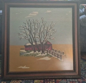VTG 70's Covered Bridge Large Framed Needlepoint 25" X 25" - Picture 1 of 5