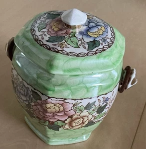 Vintage green and flowers biscuit barrel by Maling - Lustre ware cookie jar - Picture 1 of 5