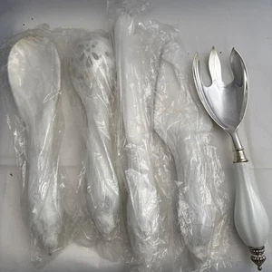 Godinger Silver Plated Serving Set 5 Serving Utensils White Porcelain Handles - Picture 1 of 3