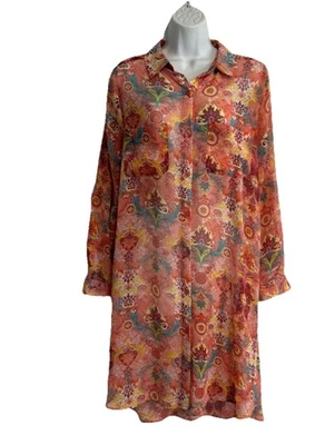 JESSICA LONDON Women's 16W Long Tunic Colorful SHEER Roll Tab  Button Boho - Image 1 of 4