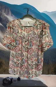 Loft Floral Flutter Sleeve Multicolor  Semi-Sheer Rounded Neck Top Women's Sz XL - Picture 1 of 4