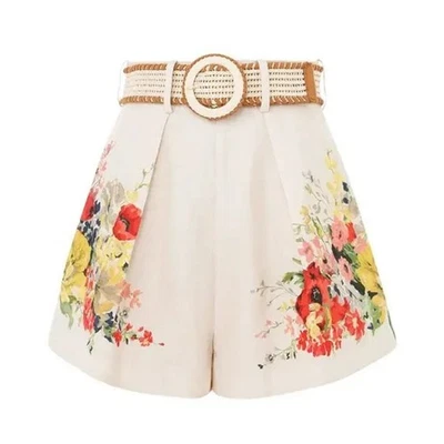 Pantalones Cortos Zimmermann Alight Tuck Marfil Floral Lino Cinturón Talla US 0 Sin Cinturón Foto 1 de 4