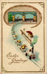 AK Ostergrüße Küken in Eiern Zug Auto Bahnhof 1913 - Bild 1 von 2