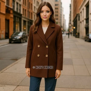 Joie Chocolate Brown Wool Blend Coat Double Breasted Mid Length Peacoat Size S - Picture 1 of 13