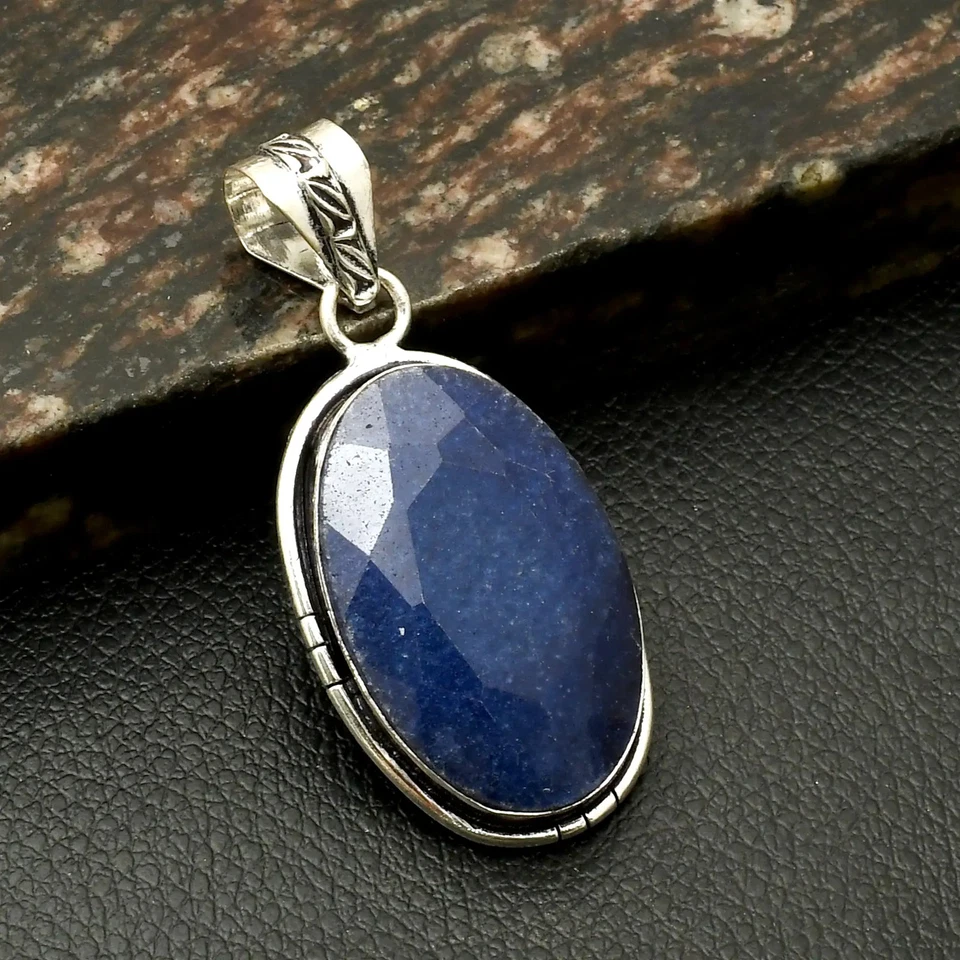 Pingente étnico feito à mão de pedra preciosa de safira simulado presente joia 2,2" AP-43082 - Imagem 1 de 1