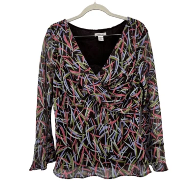 Blusa de seda Harold's estampado abstracto manga larga transparente babydoll Y2K talla 8 Foto 1 de 4