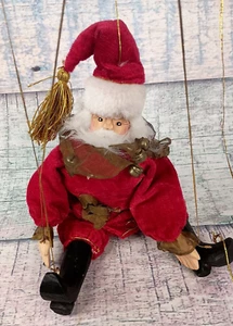 Vintage Marionette String Puppet Santa Claus Christmas Wooden/Cloth Hand Carved - Picture 1 of 16