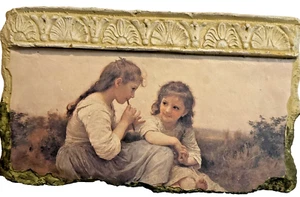 Stampa vintage in gesso stile affresco - 2 ragazze che suonano il flauto placca in rilievo 11x6 - Foto 1 di 8