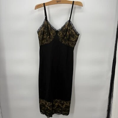 Vintage 50s Gotham Gold Stripe Black Satin Nylon Mesh Lace Midi Slip Size 36 (M) - Image 1 of 4