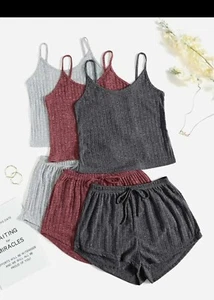 Women  Rib Knit Lounge Set Crop Cami Top and Tie Front Shorts Sleepwear 3 Sets - Picture 1 of 3