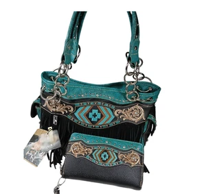 Western Cross Country Handbag Tooled embroidered Fringe Purse Handbag Wallet Set - Picture 1 of 11