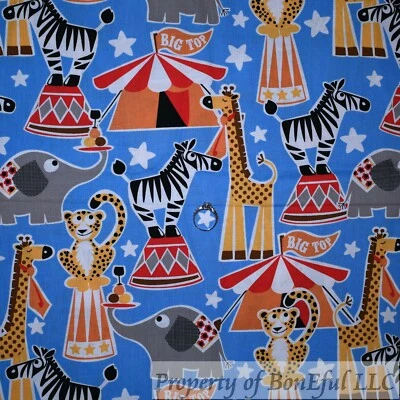 BonEFul FQ Cotton Quilt Blue Red White Circus Animal Big Top Tent Giraffe Star S - Image 1 of 4