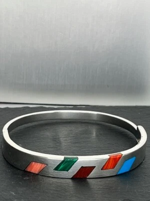 Pulsera con bisagra de plata múltiple - incrustaciones de piedras preciosas - malaquita y otros Foto 1 de 4