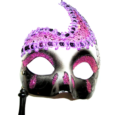 eye MASK black pink glitter burgundy/silver 2" trim w/9" wood handle (office #6) - Image 1 of 4