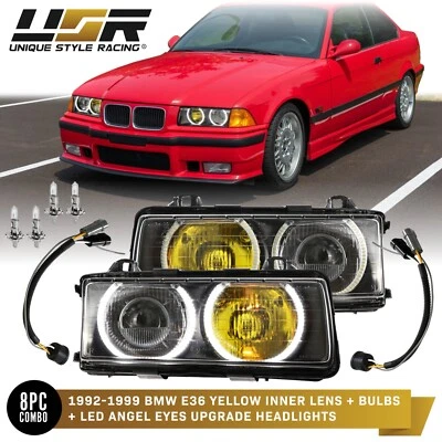 LED Halo Hella-Style Clear Yellow Euro GLASS Projector Headlight For BMW E36 - Image 1 of 4