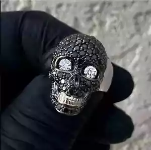 2CT Round Lab-Created Black Diamond Men's Skull Ring 14K Two Tone Gold Finish - Picture 1 of 3