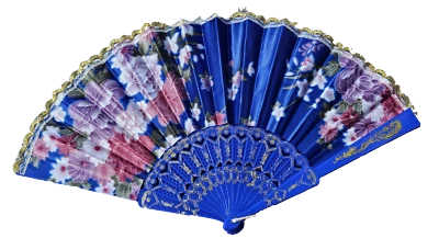 Blue Flowers Decorative Plastic Fabric Hand Fan For Weddings Summer Foldable - Image 1 of 4
