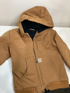 Carhartt Jacket Boys size Large 14-16 Brown Canvas Quilted Hooded Great Shape - Picture 1 of 5