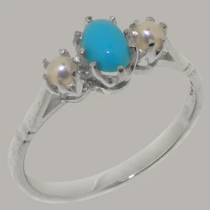 Massiver Damen-Trilogie-Ring 9 kt Weißgold natürlicher Türkis & Perle Größen J bis Z - Bild 1 von 4