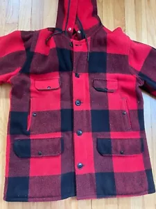 VTG Johnson Woolen Mills Buffalo Check Hooded Jacket Wool Red L Mackinaw - Picture 1 of 10