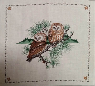 Rare ~ Vintage ~ Cranston ~"Pair of Barred Owls"~ Cotton Fabric Panel ~ 8"x8" - Image 1 of 2