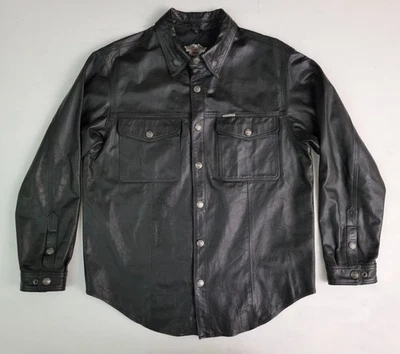 Vintage Harley Davidson Black Leather Lined Bar Snap Biker Shirt Jacket Men's L - Image 1 of 4