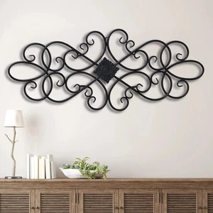 Schwarz Schmiedeeisen Wanddekor 32" x 13", hängende Blume Schnörkel Metall Wandkunst De - Bild 1 von 1