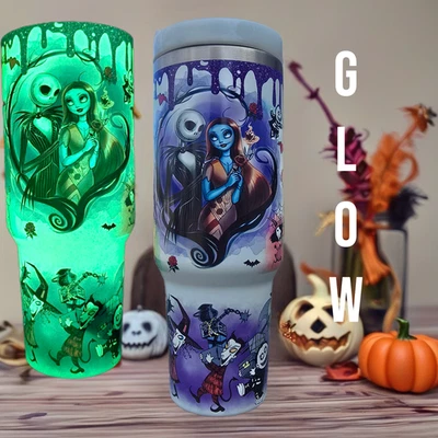 Nightmare Before Christmas Jack And Sally 40oz Tumbler - GLOW IN THE DARK - - Image 1 of 4