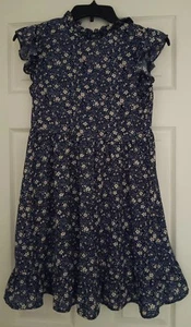 "Shein" Girls Dress, Size 11-12, Blue, White Flowers, Short Sleeve, Ruffle Edges - Picture 1 of 5
