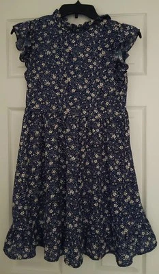 *Shein* Vestido para niñas, talla 11-12, azul, flores blancas, manga corta, bordes con volantes Foto 1 de 4