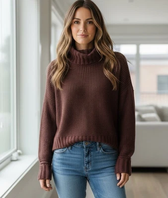 Suéter Aerie Mujer XS Granate Chenilla Cuadrado Suelto Cuello Alto Túnica Informal Acogedor Foto 1 de 4