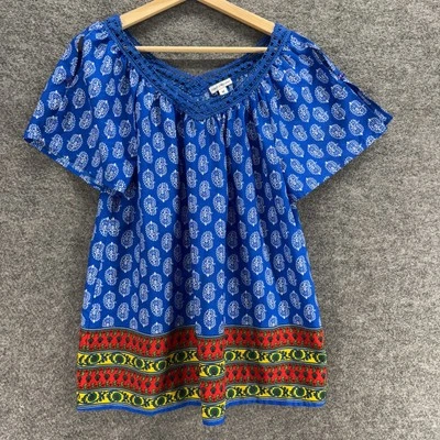 Rebecca Malone Blouse Women M Medium Blue Floral V-Neck Short Sleeve Casual - Image 1 of 4