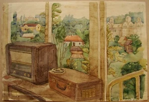 Ukrainian Soviet USSR watercolor old receiver tape recorder  house window music - Picture 1 of 8
