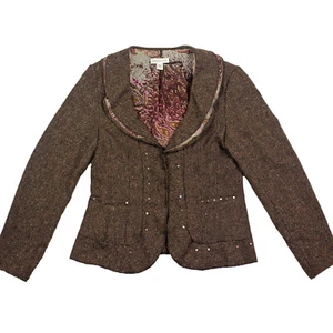 Coldwater Creek Suit Jacket Blazer Brown Tweed Ruffled Collar Equestrian 10 - Picture 1 of 4