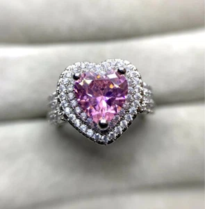 2.0Ct Pink Heart Cut CZ Double Halo Wedding Proposal Promise Ring 925 Silver - Picture 1 of 2