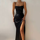 Women Sexy Black One Shoulder Backless Split Long Dress Evening Party Gown