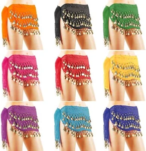 Belly Dance Dancing Hip Skirt Scarf Wrap 3 Rows Gold Coins Belt Costume Dress US - Picture 1 of 23