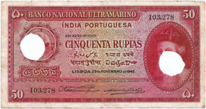 PORTUGUESE INDIA SIGN: A8+P2 RS 50 CINQUENTA RUPIAS NOTE BRITISH TIME 29-11-1945