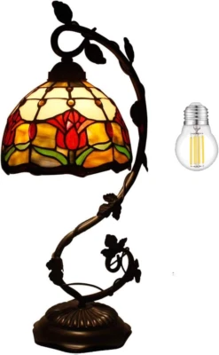 Tiffany Lamp Red Stained Glass Tulip Table Lamp, Metal Leaf Base 8X10X21 Inches  - Bild 1 von 4