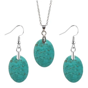 Natural Blue Turquoise Gems Oval Pendant Necklace Earrings Set Silver Chain 18" - Picture 1 of 6