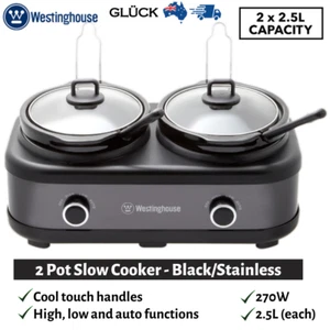 Westinghouse 2-Pot Slow Cooker Ceramic Inserts - Black / Stainless Steel / Glass - Picture 1 of 5